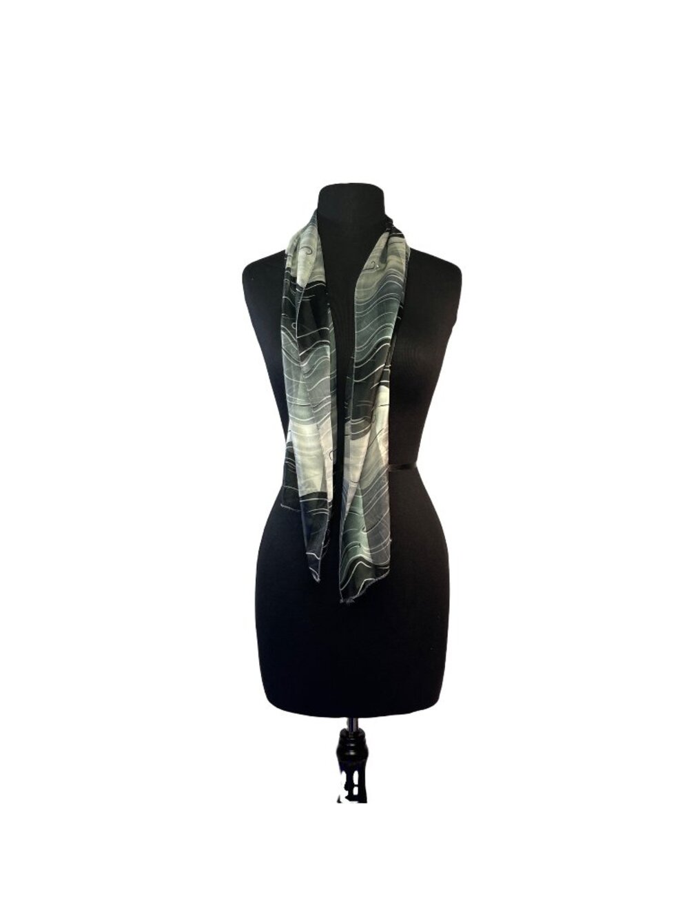Sheer Wave Printed Womens Scarf Black Gray Lightweight Polyester Rectangular